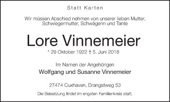 Traueranzeige von Lore Vinnemeier von Neue Westfälische