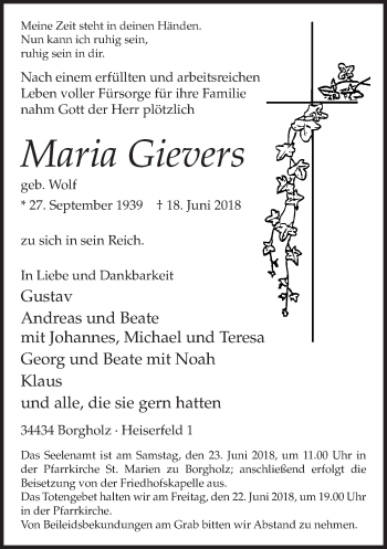 Traueranzeige von Maria Gievers von Neue Westfälische