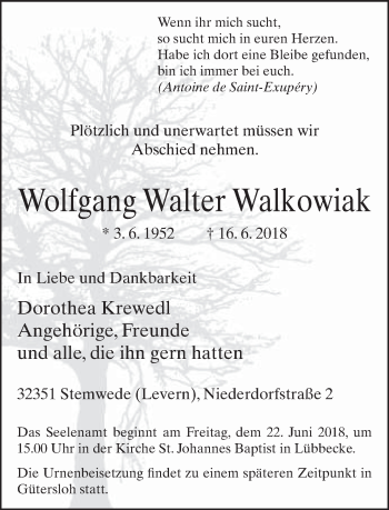 Traueranzeige von Wolfgang Walter Walkowiak von Neue Westfälische