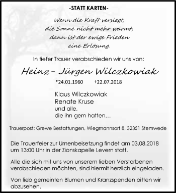 Traueranzeige von Heinz-Jürgen Wilczkowiak von Neue Westfälische