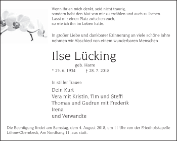 Traueranzeige von Ilse Lücking von Neue Westfälische