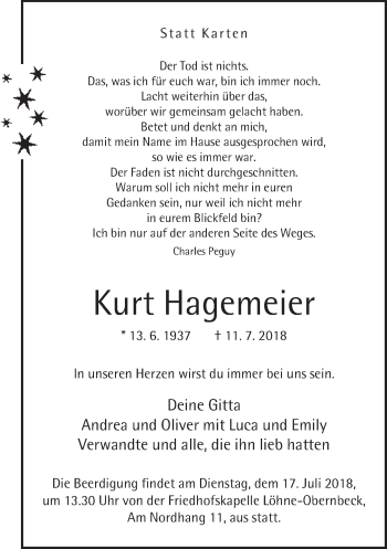 Traueranzeige von Kurt Hagemeier von Neue Westfälische