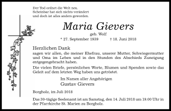 Traueranzeige von Maria Gievers von Neue Westfälische