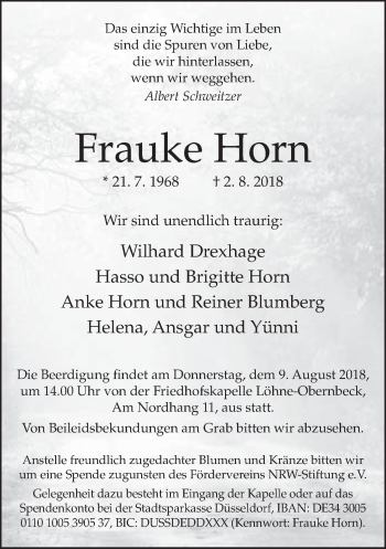 Traueranzeige von Frauke Horn von Neue Westfälische