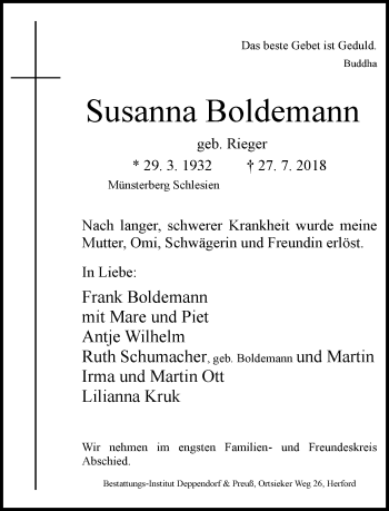 Traueranzeige von Susanna Boldemann von Neue Westfälische