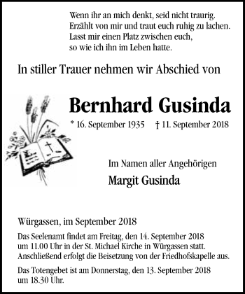 Traueranzeige von Bernhard Gusinda von Neue Westfälische