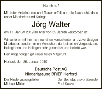 Traueranzeige von Jörg Walter von Neue Westfälische