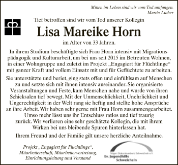 Traueranzeige von Lisa Horn von Neue Westfälische