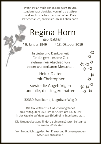 Traueranzeige von Regina Horn von Neue Westfälische