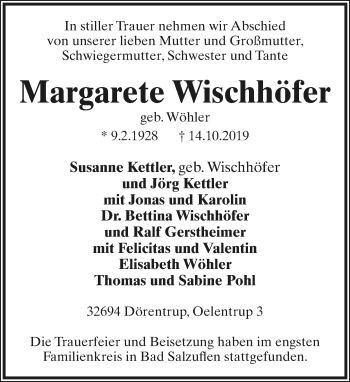 Traueranzeige von Margarete Wischhöfer von Neue Westfälische