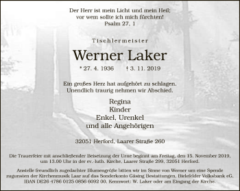 Traueranzeige von Werner Laker von Neue Westfälische