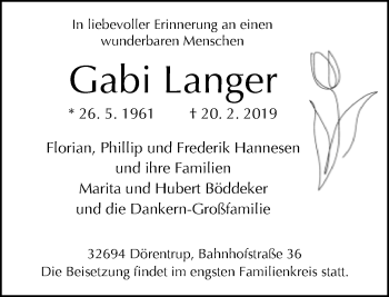 Traueranzeige von Gabi Langer von Neue Westfälische