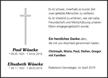 Traueranzeige von Paul und Elisabeth Wüseke von Neue Westfälische