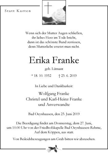 Traueranzeige von Erika Franke von Neue Westfälische