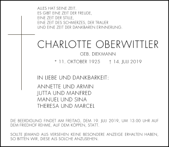 Traueranzeige von Charlotte Oberwittler von Neue Westfälische