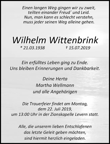 Traueranzeige von Wilhelm Wittenbrink von Neue Westfälische