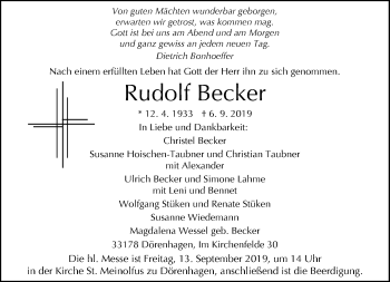 Traueranzeige von Rudolf Becker von Neue Westfälische