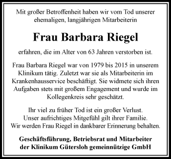 Traueranzeige von Barbara Riegel von Neue Westfälische