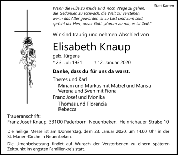 Traueranzeige von Elisabeth Knaup von Neue Westfälische