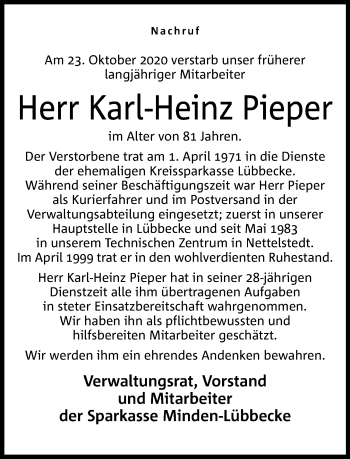 Traueranzeige von Karl-Heinz Pieper von Neue Westfälische