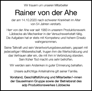 Traueranzeige von Rainer von der Ahe von Neue Westfälische