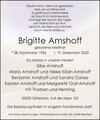 Traueranzeige von Brigitte Amshoff von Neue Westfälische