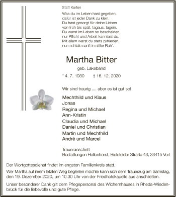 Traueranzeige von Martha Bitter von Neue Westfälische