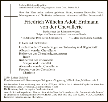 Traueranzeige von Friedrich Wilhelm Adolf Erdmann von der Chevallerie von Neue Westfälische