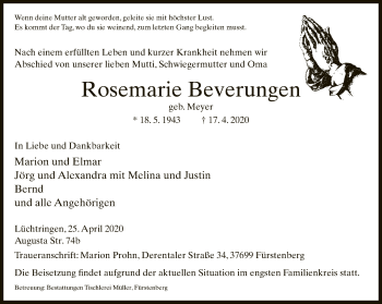 Traueranzeige von Rosemarie Beverungen von Neue Westfälische