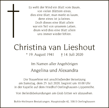 Traueranzeige von Christina van Lieshout von Neue Westfälische