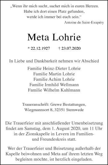 Traueranzeige von Meta Lohrie von Neue Westfälische