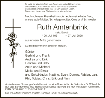 Traueranzeige von Ruth Amtenbrink von Neue Westfälische