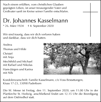 Traueranzeige von Johannes Kasselmann von Neue Westfälische