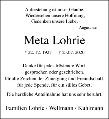 Traueranzeige von Meta Lohrie von Neue Westfälische