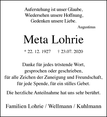 Traueranzeige von Meta Lohrie von Neue Westfälische