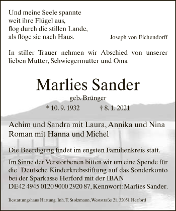 Traueranzeige von Marlies Sander von Neue Westfälische