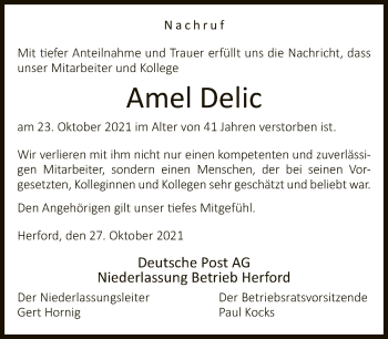 Traueranzeige von Amel Delic von Neue Westfälische