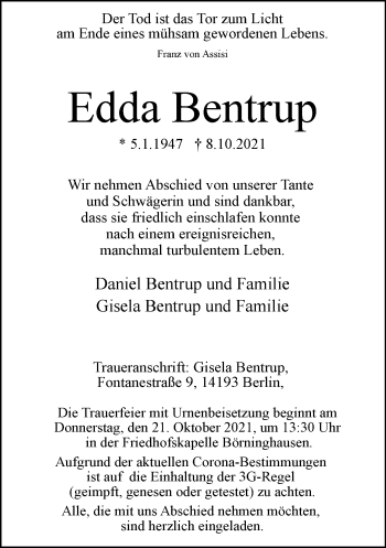 Traueranzeige von Edda Bentrup von Neue Westfälische