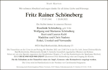 Traueranzeige von Fritz Rainer Schöneberg von Neue Westfälische