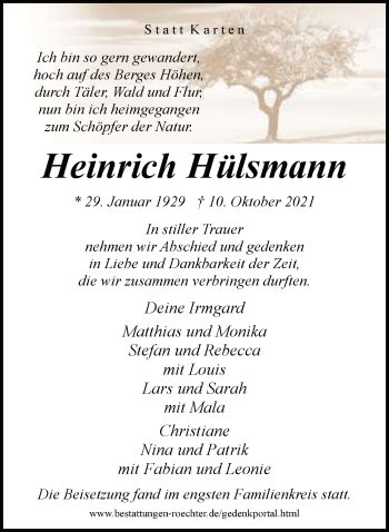 Traueranzeige von Heinrich Hülsmann von Neue Westfälische