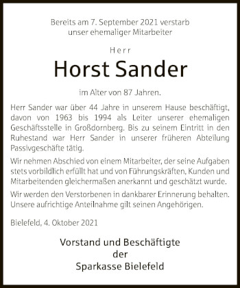 Traueranzeige von Horst Sander von Neue Westfälische