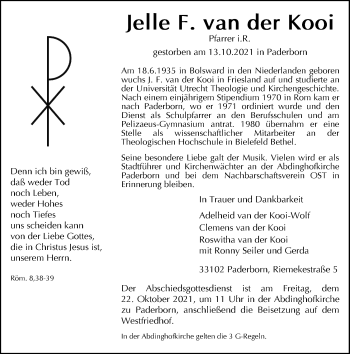 Traueranzeige von Jelle F. van der Kooi von Neue Westfälische