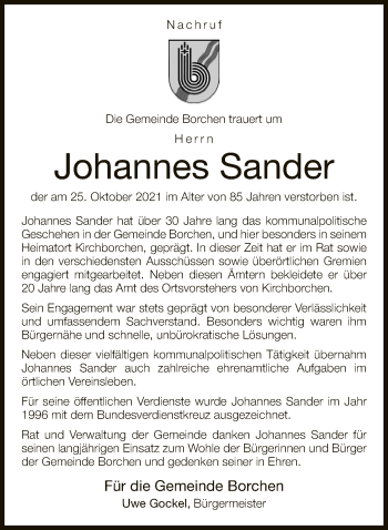 Traueranzeige von Johannes Sander von Neue Westfälische