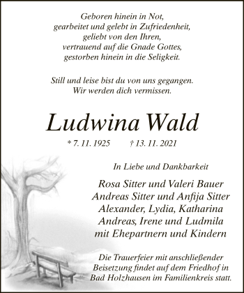 Traueranzeige von Ludwina Wald von Neue Westfälische