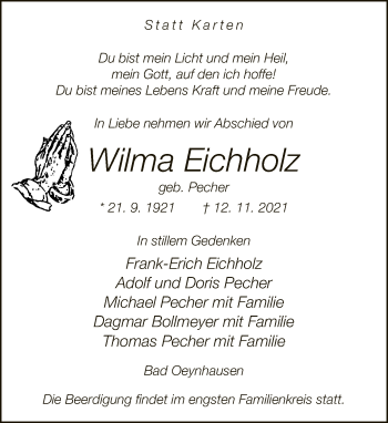 Traueranzeige von Wilma Eichholz von Neue Westfälische