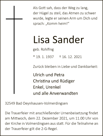 Traueranzeige von Lisa Sander von Neue Westfälische