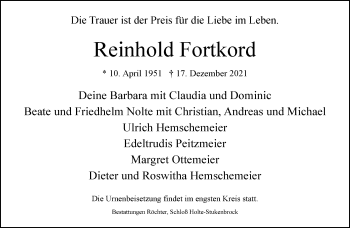 Traueranzeige von Reinhold Fortkord von Neue Westfälische