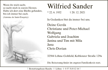 Traueranzeige von Wilfried Sander von Neue Westfälische