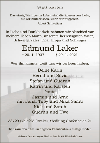 Traueranzeige von Edmund Laker von Neue Westfälische