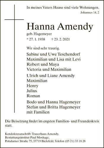 Traueranzeige von Hanna Amendy von Neue Westfälische